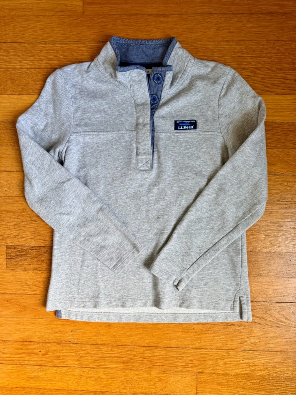 L.L.Bean Light Gray Cotton Rugby Pullover with Navy Trim - Quarter Button - XS